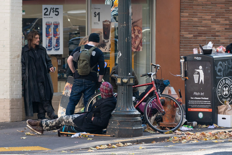 Homeless people on a street in Portland, Oregon.